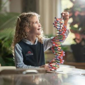 A Dayspring student studying a DNA structure model
